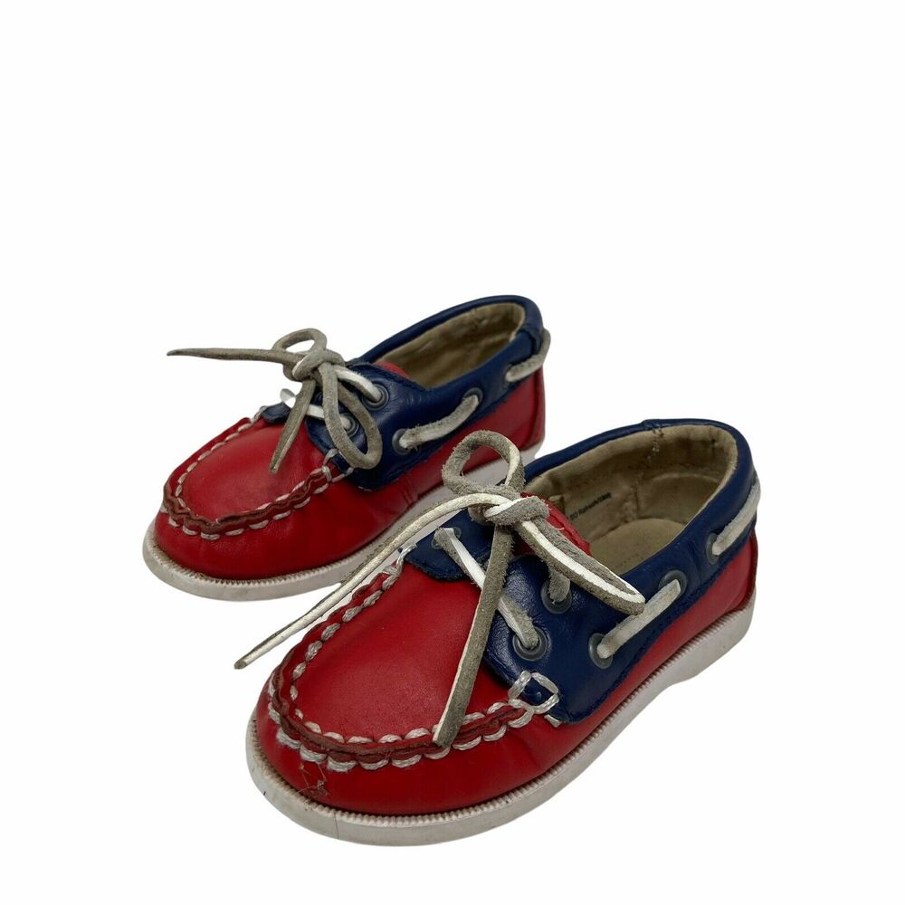 Janie And Jack Red Navy Blue Leather Boat Shoes